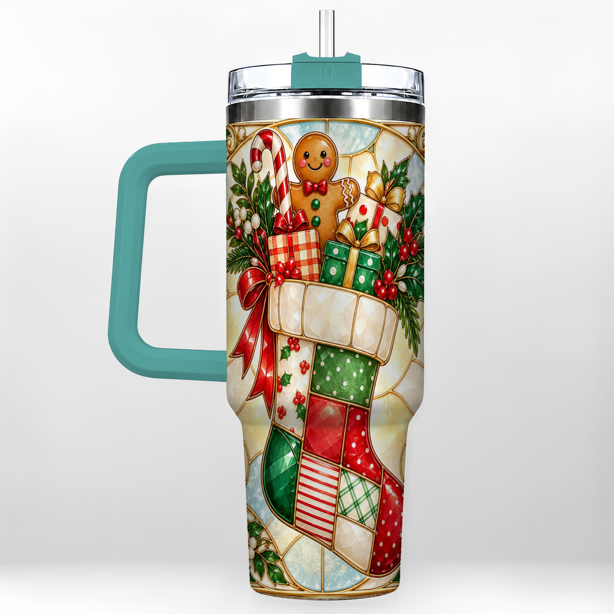 #pl[40oz|Green] Gingerbread Stocking 40oz Tumbler with Handle, Christmas Travel Cup
