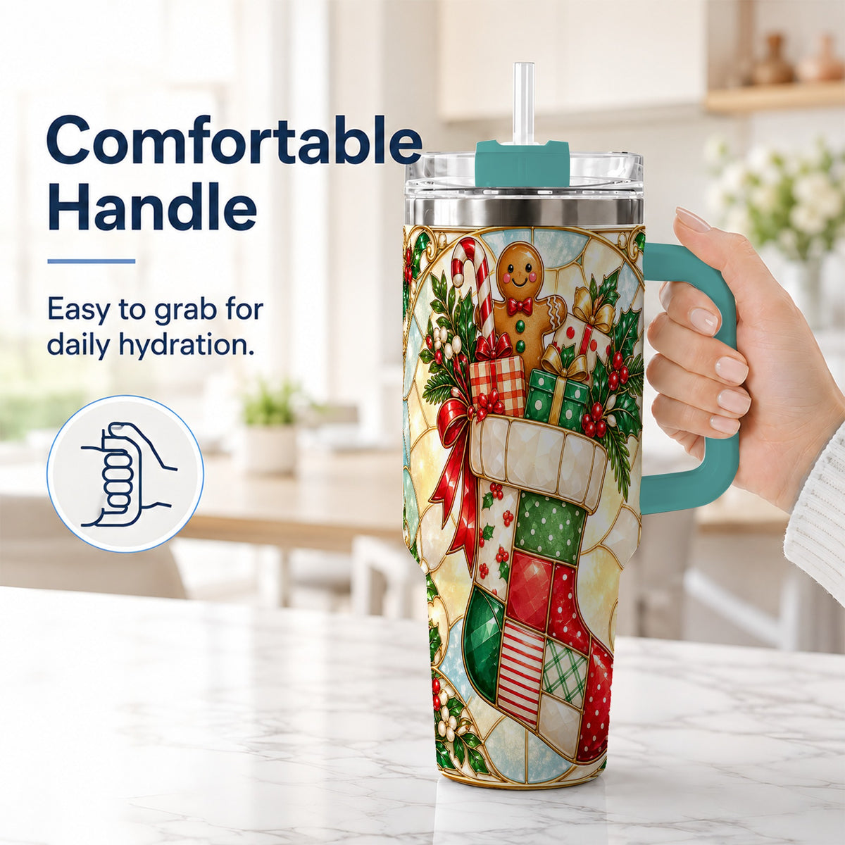 #pl[40oz|Green] Gingerbread Stocking 40oz Tumbler with Handle, Christmas Travel Cup