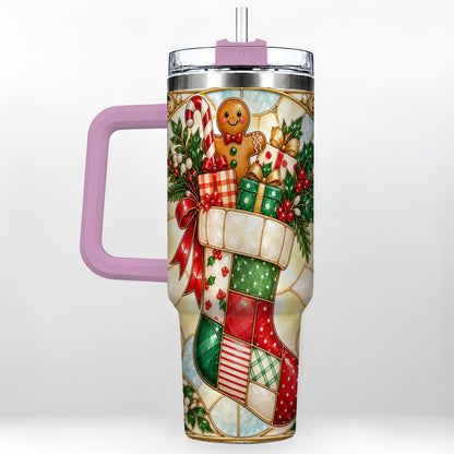 #pl[40oz|Pink] Gingerbread Stocking 40oz Tumbler with Handle, Christmas Travel Cup