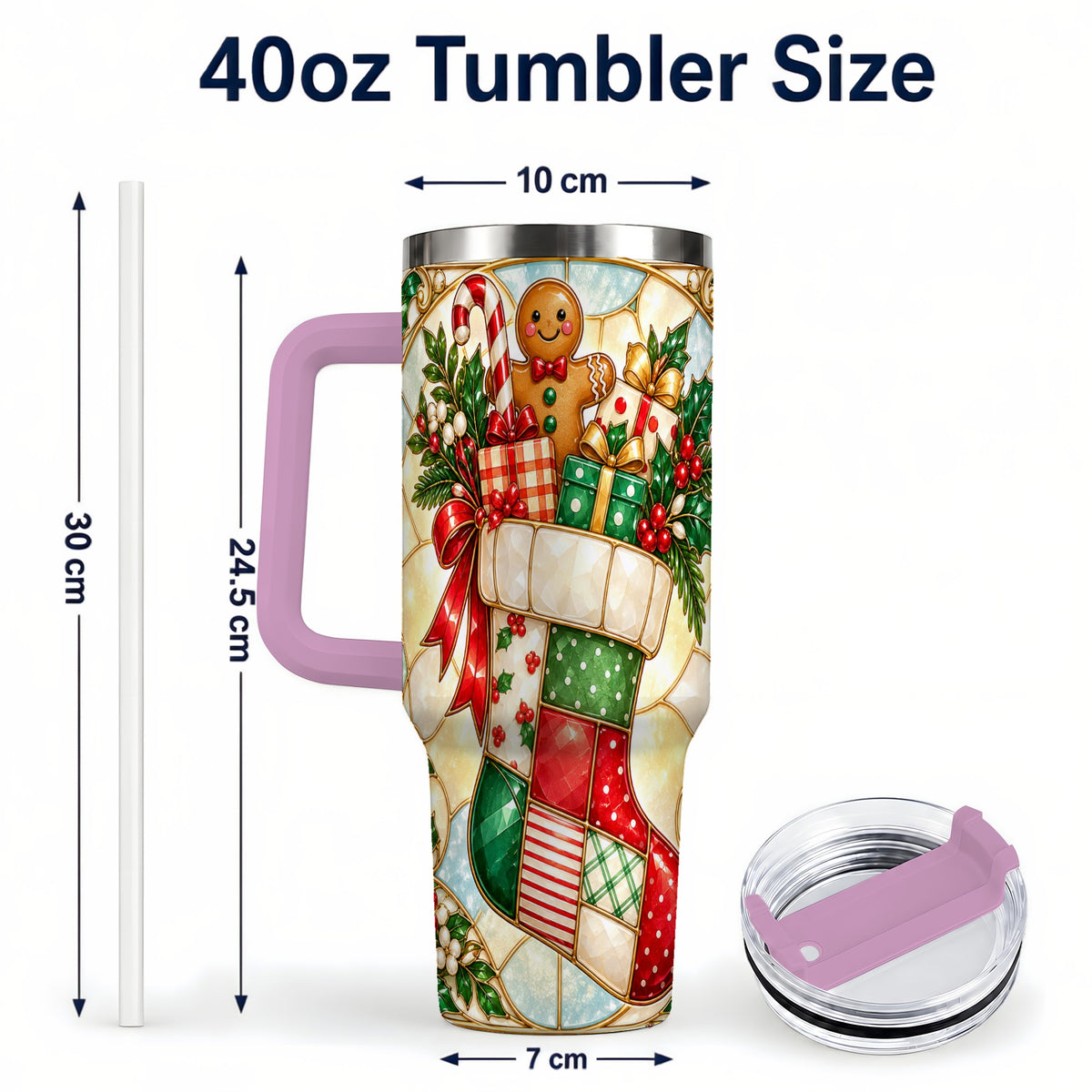 #pl[40oz|Pink] Gingerbread Stocking 40oz Tumbler with Handle, Christmas Travel Cup