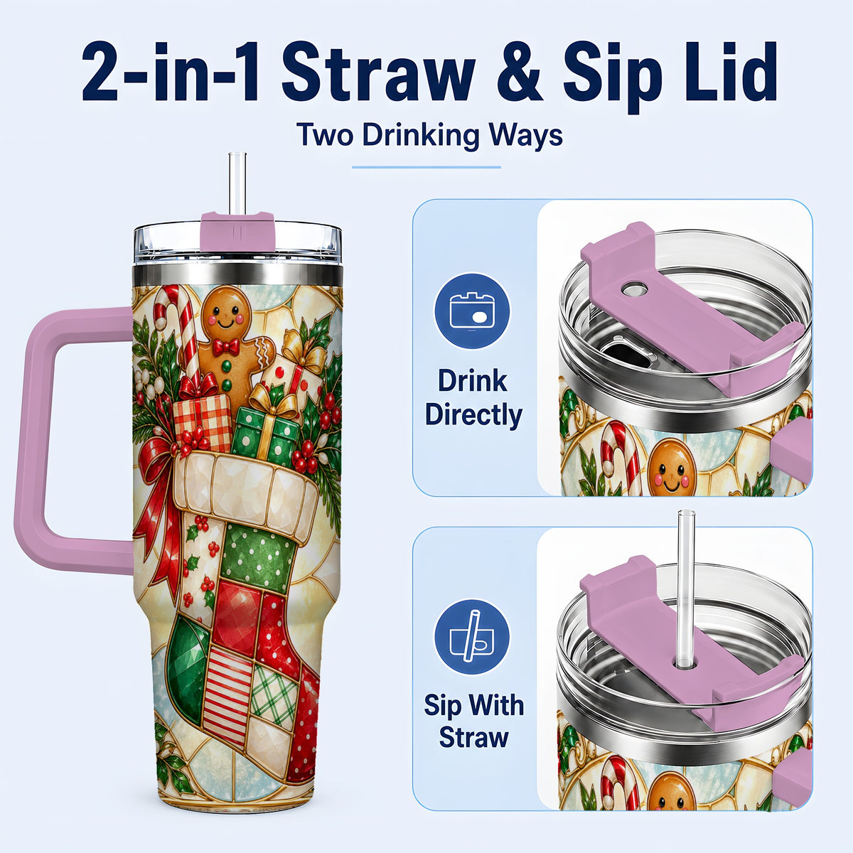 #pl[40oz|Pink] Gingerbread Stocking 40oz Tumbler with Handle, Christmas Travel Cup