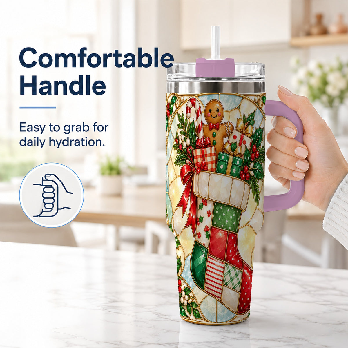 #pl[40oz|Pink] Gingerbread Stocking 40oz Tumbler with Handle, Christmas Travel Cup
