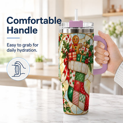 #pl[40oz|Pink] Gingerbread Stocking 40oz Tumbler with Handle, Christmas Travel Cup
