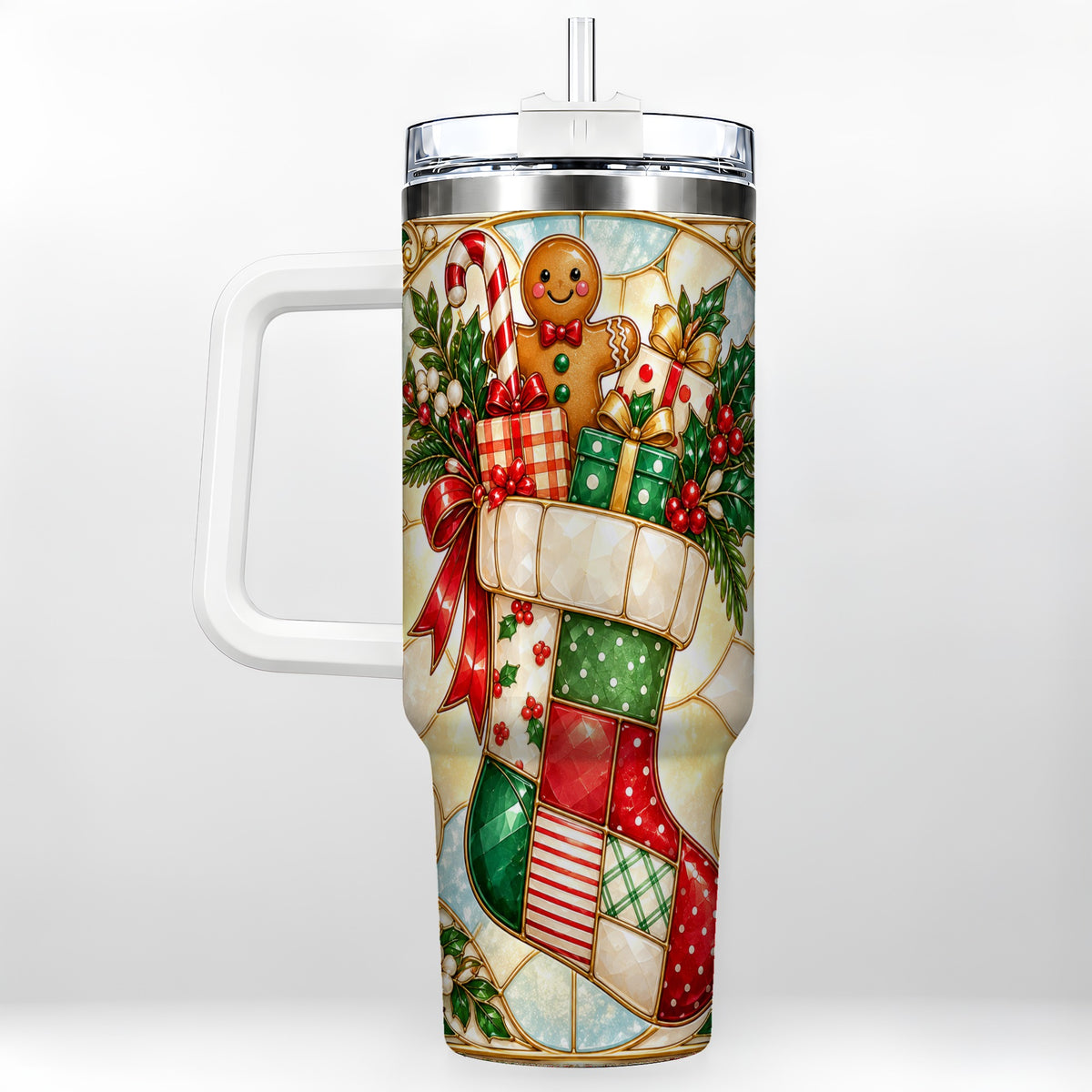 Gingerbread Stocking 40oz Tumbler with Handle, Christmas Travel Cup