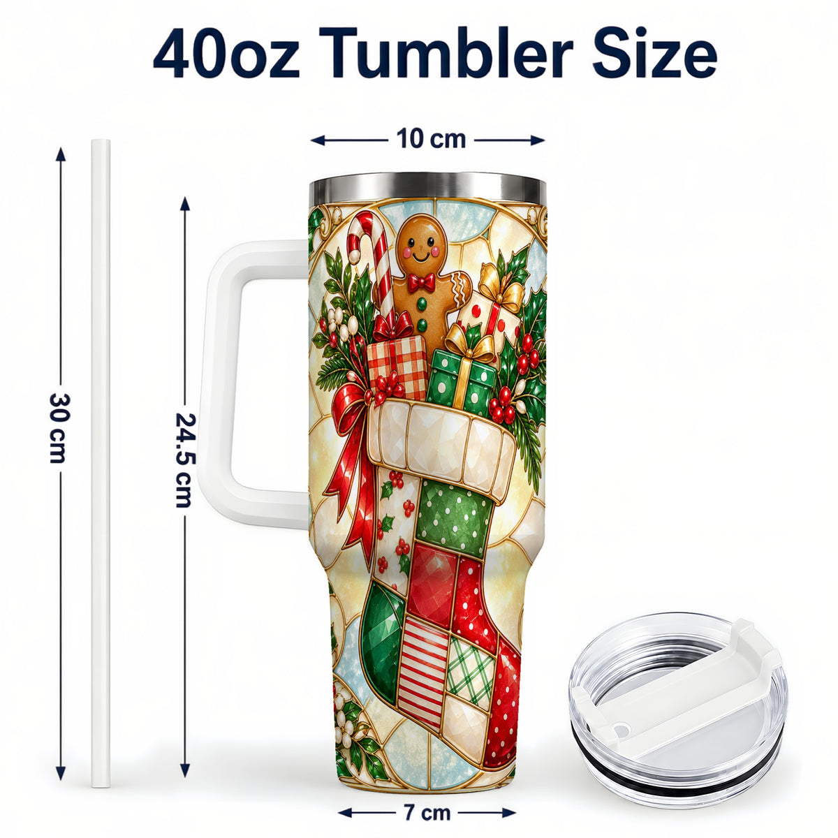 #pl[40oz|White] Gingerbread Stocking 40oz Tumbler with Handle, Christmas Travel Cup