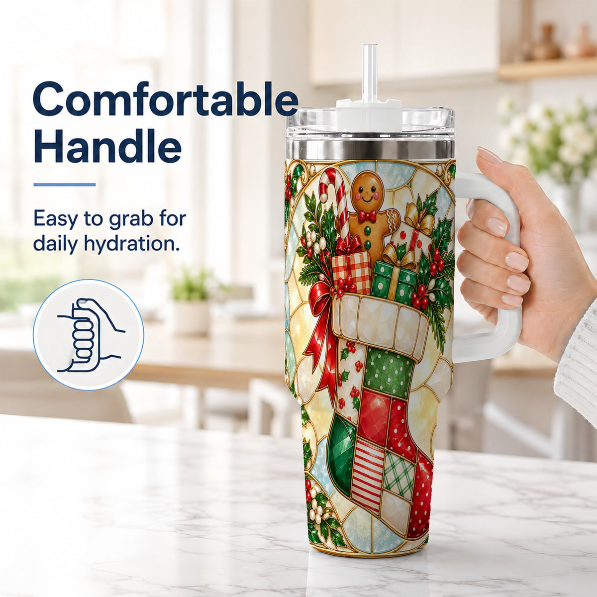 #pl[40oz|White] Gingerbread Stocking 40oz Tumbler with Handle, Christmas Travel Cup