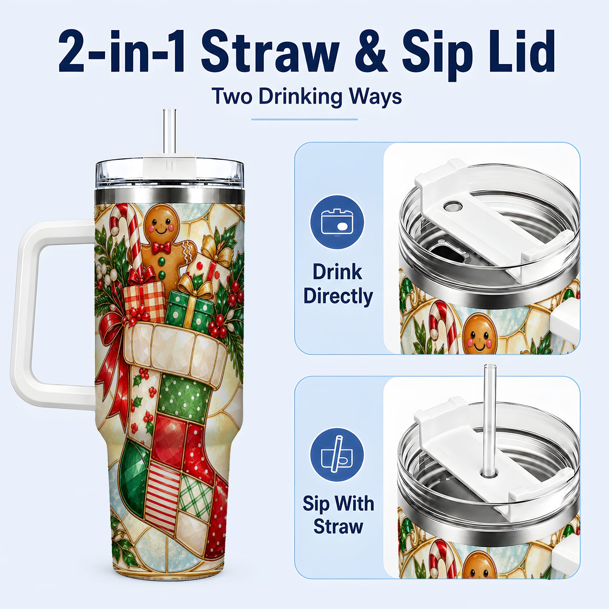#pl[40oz|White] Gingerbread Stocking 40oz Tumbler with Handle, Christmas Travel Cup