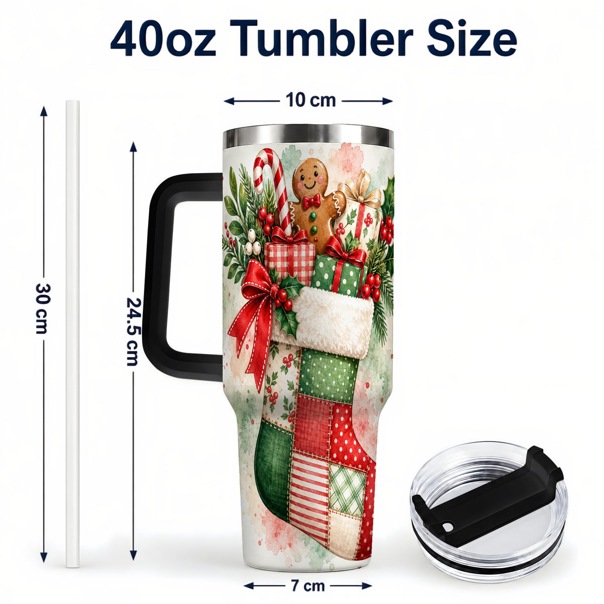 #pl[40oz|Black] Watercolor Stocking 40oz Tumbler with Handle, Holiday Travel Cup