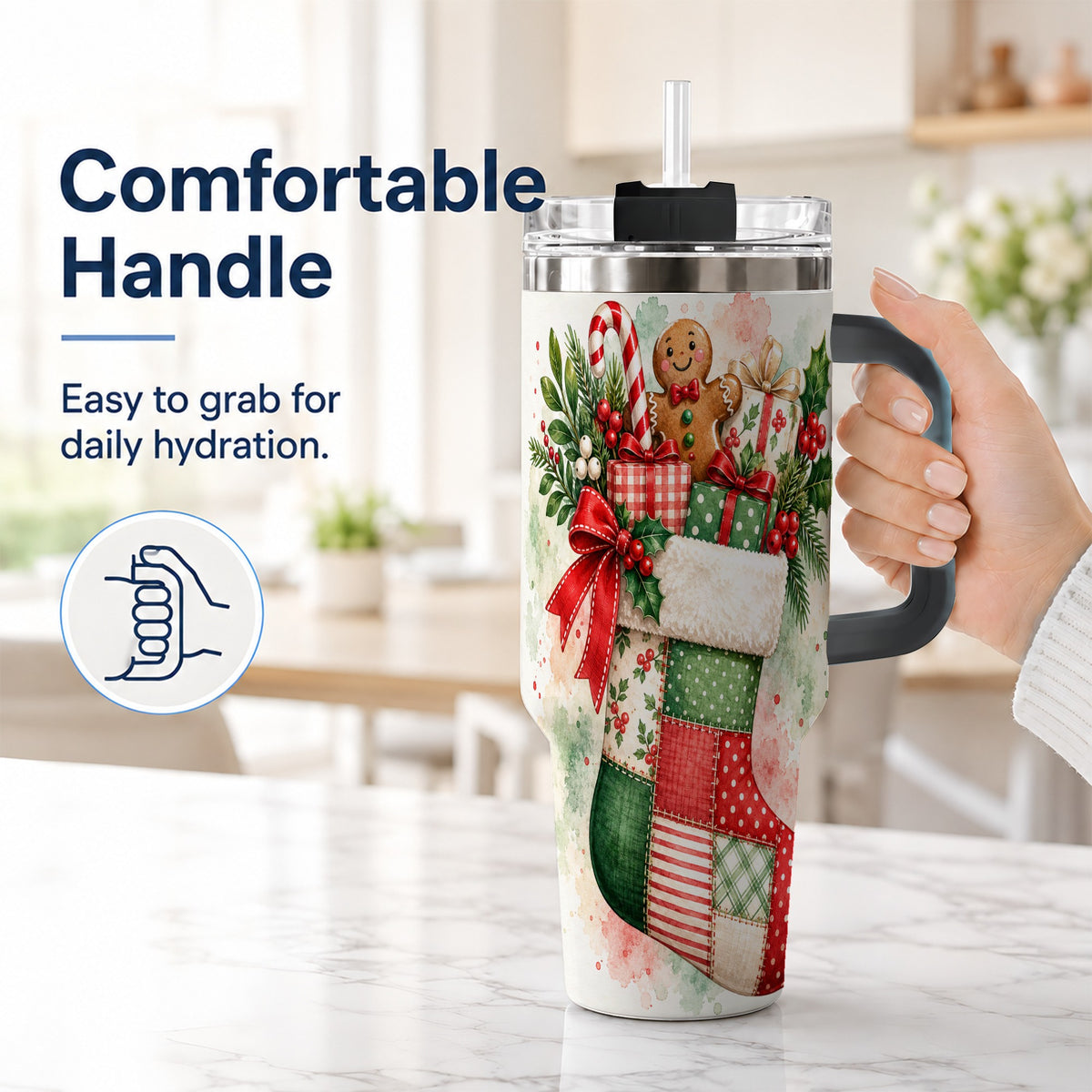 #pl[40oz|Black] Watercolor Stocking 40oz Tumbler with Handle, Holiday Travel Cup