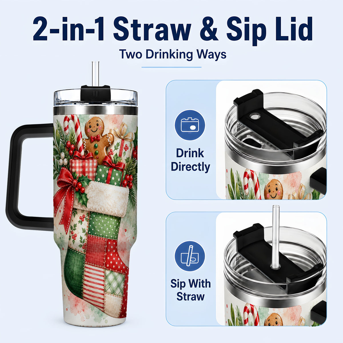 #pl[40oz|Black] Watercolor Stocking 40oz Tumbler with Handle, Holiday Travel Cup