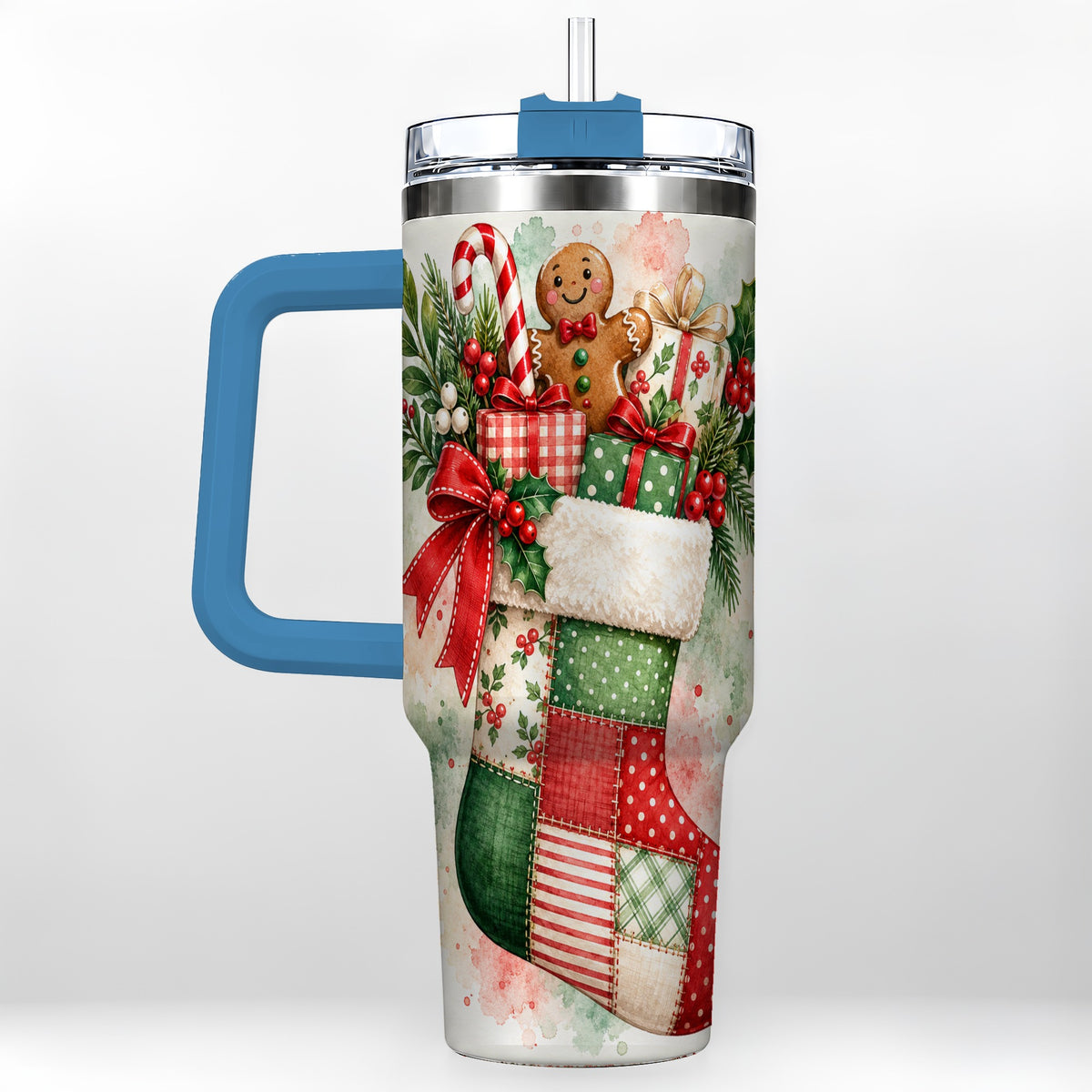#pl[40oz|Blue] Watercolor Stocking 40oz Tumbler with Handle, Holiday Travel Cup