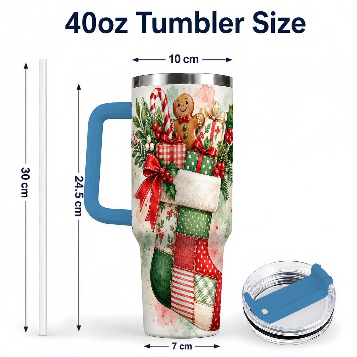 #pl[40oz|Blue] Watercolor Stocking 40oz Tumbler with Handle, Holiday Travel Cup
