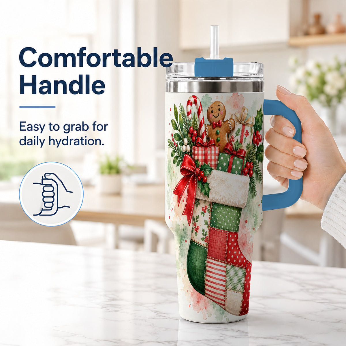 #pl[40oz|Blue] Watercolor Stocking 40oz Tumbler with Handle, Holiday Travel Cup