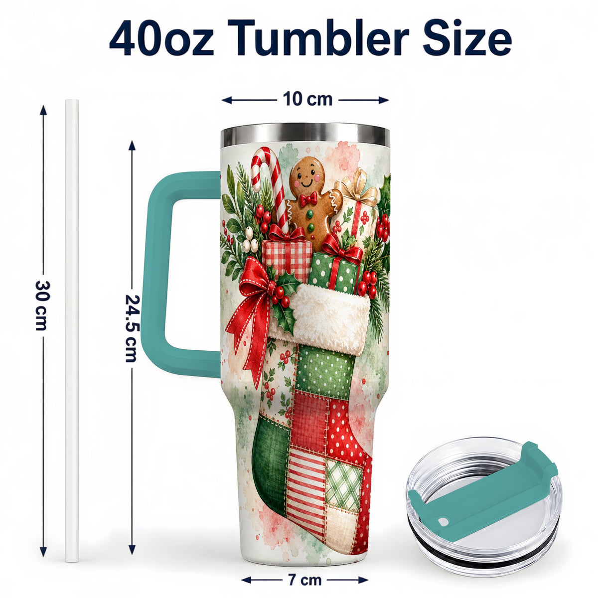#pl[40oz|Green] Watercolor Stocking 40oz Tumbler with Handle, Holiday Travel Cup