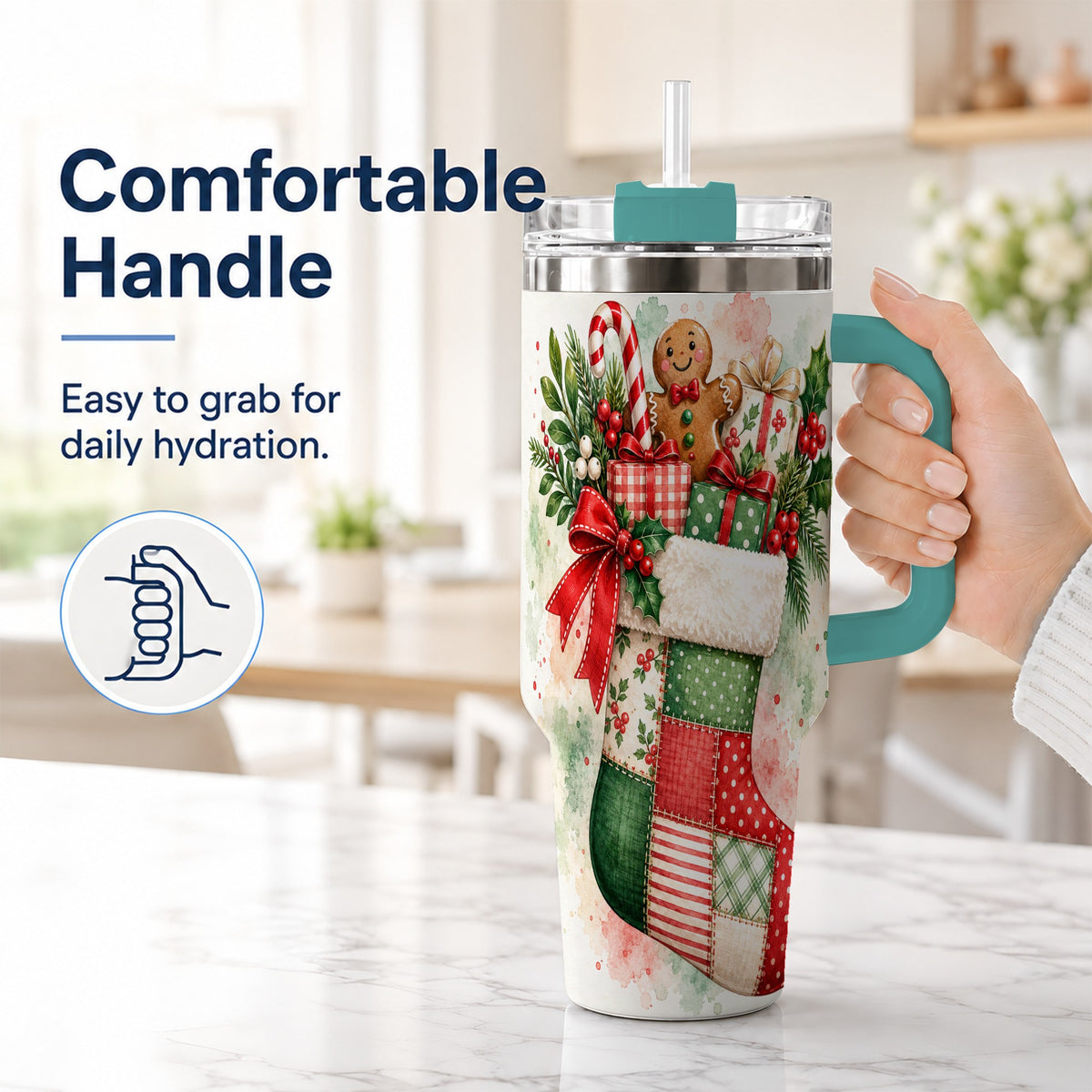 #pl[40oz|Green] Watercolor Stocking 40oz Tumbler with Handle, Holiday Travel Cup