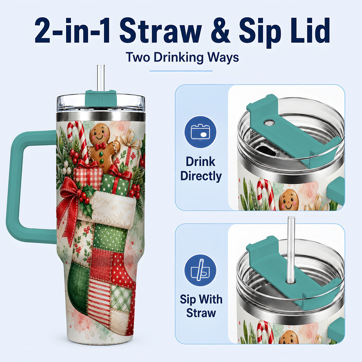 #pl[40oz|Green] Watercolor Stocking 40oz Tumbler with Handle, Holiday Travel Cup