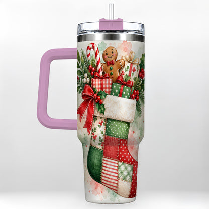 #pl[40oz|Pink] Watercolor Stocking 40oz Tumbler with Handle, Holiday Travel Cup
