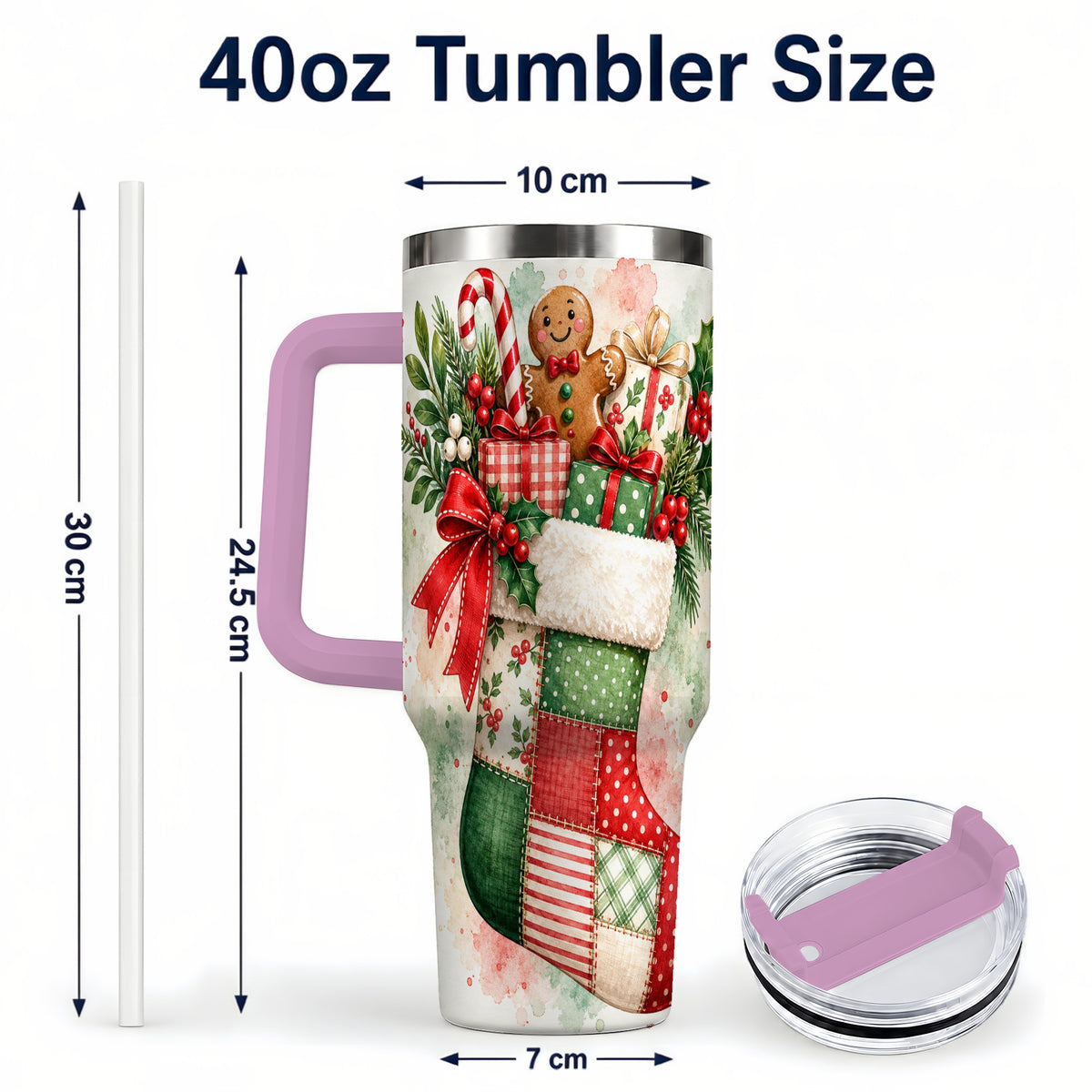 #pl[40oz|Pink] Watercolor Stocking 40oz Tumbler with Handle, Holiday Travel Cup