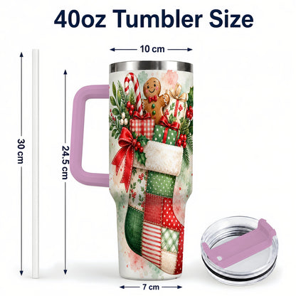 #pl[40oz|Pink] Watercolor Stocking 40oz Tumbler with Handle, Holiday Travel Cup