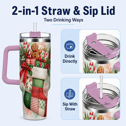 #pl[40oz|Pink] Watercolor Stocking 40oz Tumbler with Handle, Holiday Travel Cup