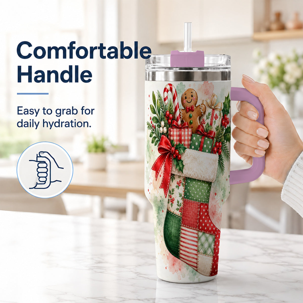 #pl[40oz|Pink] Watercolor Stocking 40oz Tumbler with Handle, Holiday Travel Cup