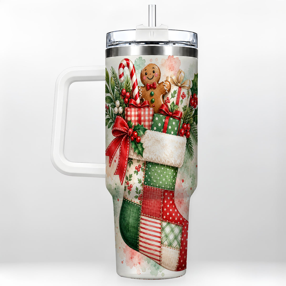 Watercolor Stocking 40oz Tumbler with Handle, Holiday Travel Cup