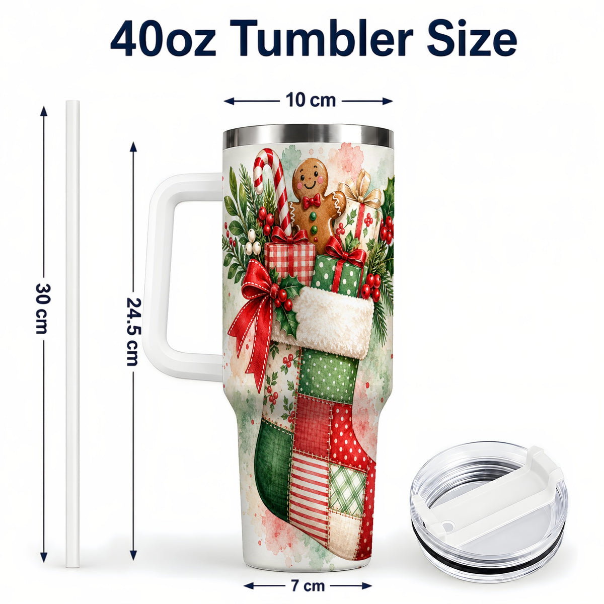 #pl[40oz|White] Watercolor Stocking 40oz Tumbler with Handle, Holiday Travel Cup