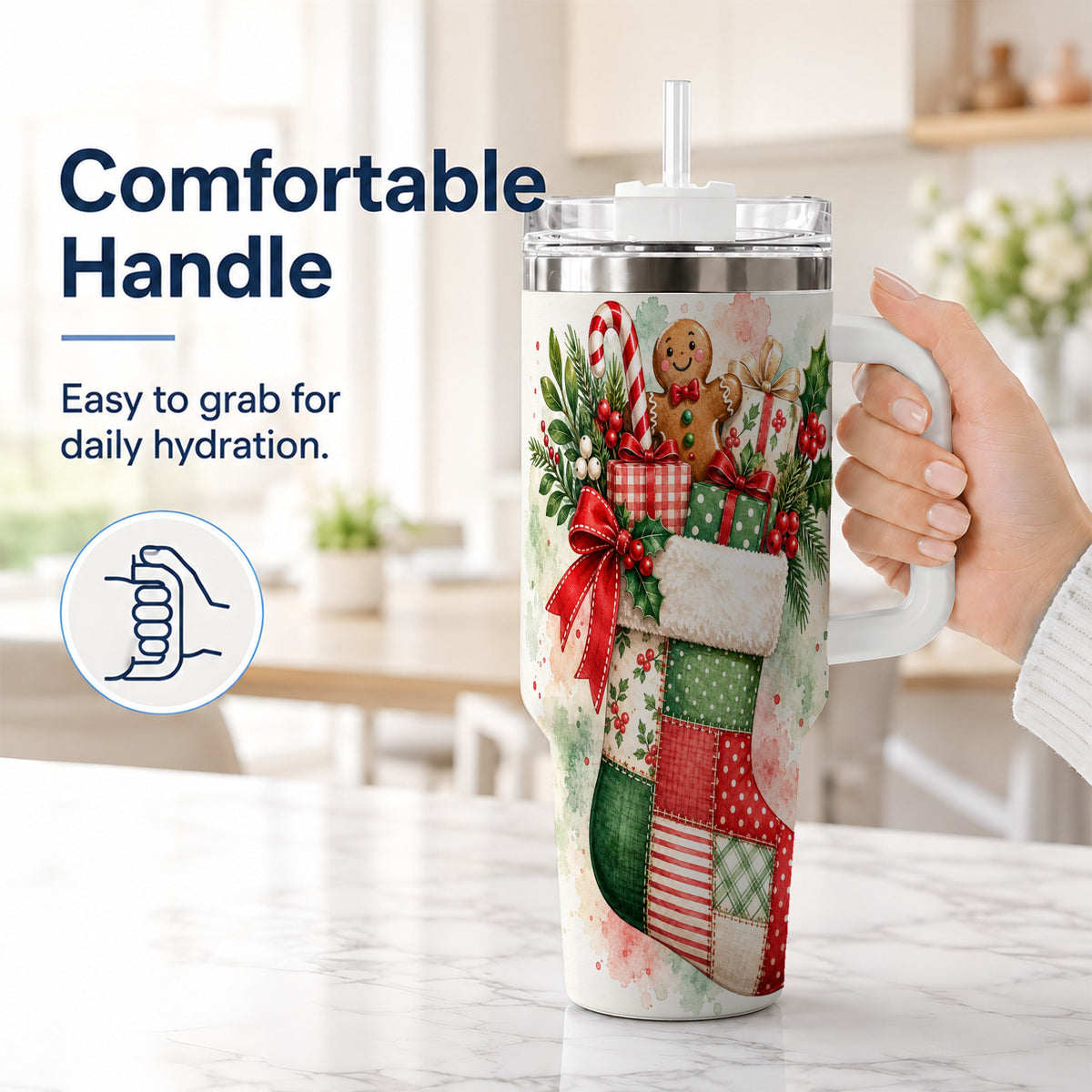 #pl[40oz|White] Watercolor Stocking 40oz Tumbler with Handle, Holiday Travel Cup
