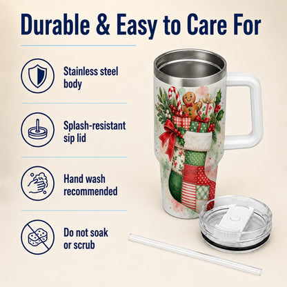 Watercolor Stocking 40oz Tumbler with Handle, Holiday Travel Cup