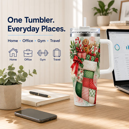 Watercolor Stocking 40oz Tumbler with Handle, Holiday Travel Cup