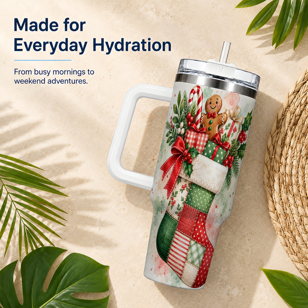 Watercolor Stocking 40oz Tumbler with Handle, Holiday Travel Cup