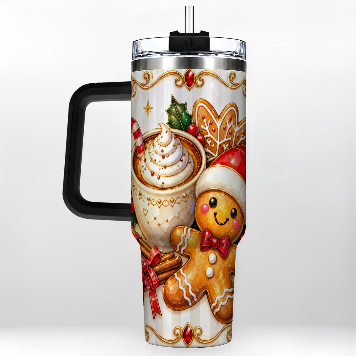 #pl[40oz|Black] Gingerbread Cocoa 40oz Tumbler with Handle, Holiday Travel Cup