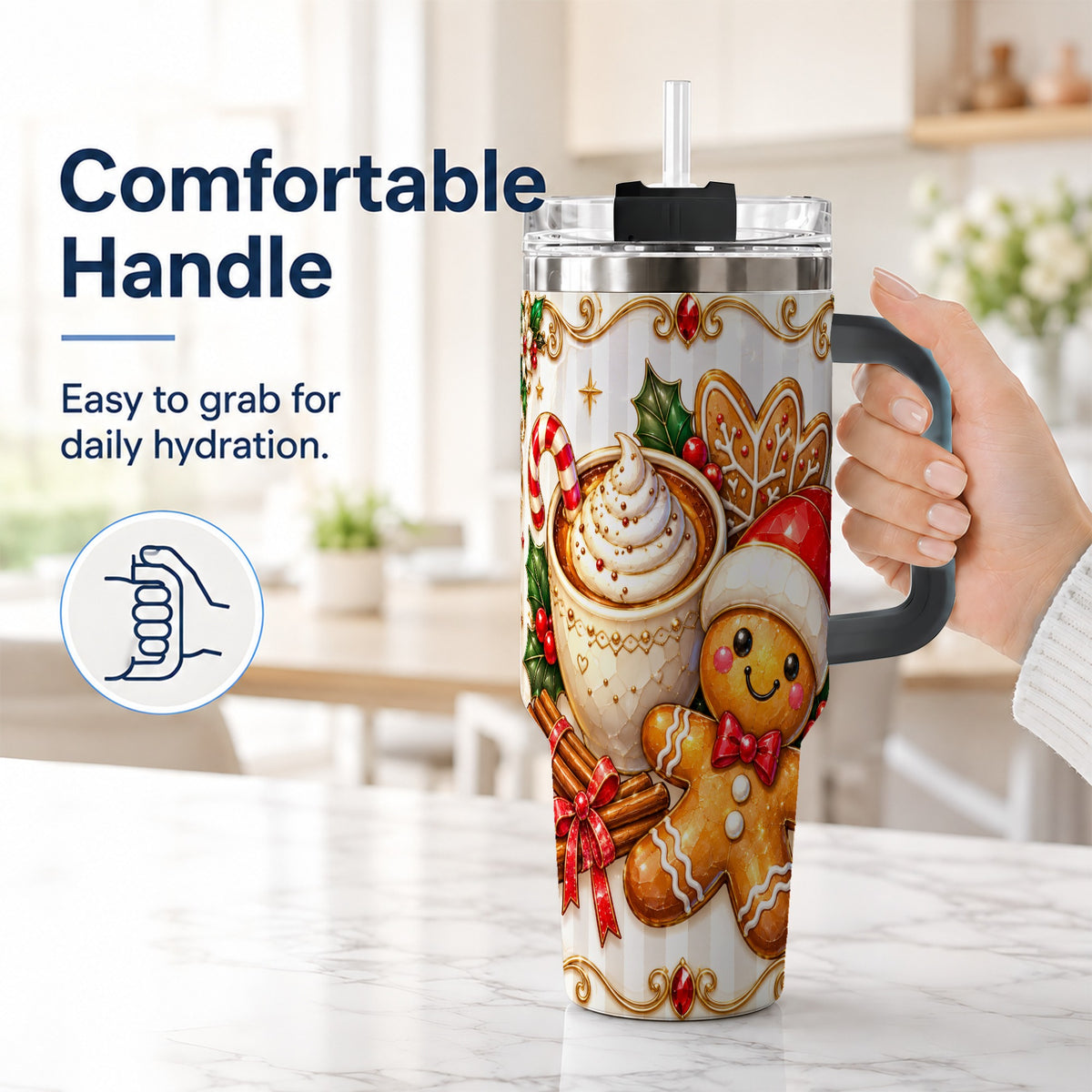 #pl[40oz|Black] Gingerbread Cocoa 40oz Tumbler with Handle, Holiday Travel Cup