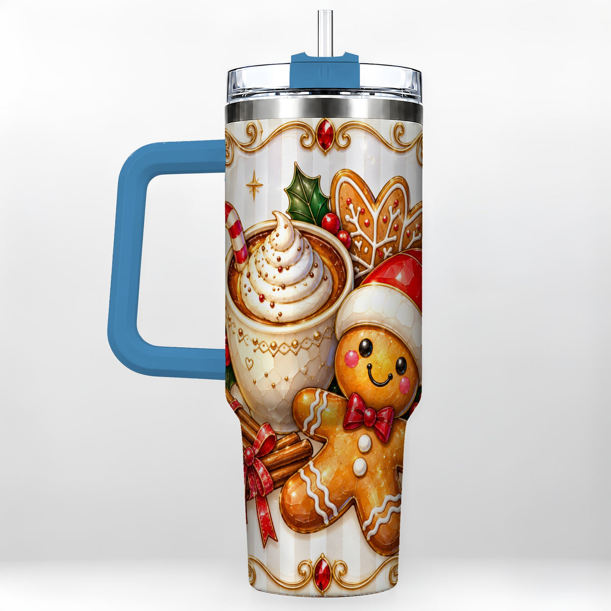 #pl[40oz|Blue] Gingerbread Cocoa 40oz Tumbler with Handle, Holiday Travel Cup