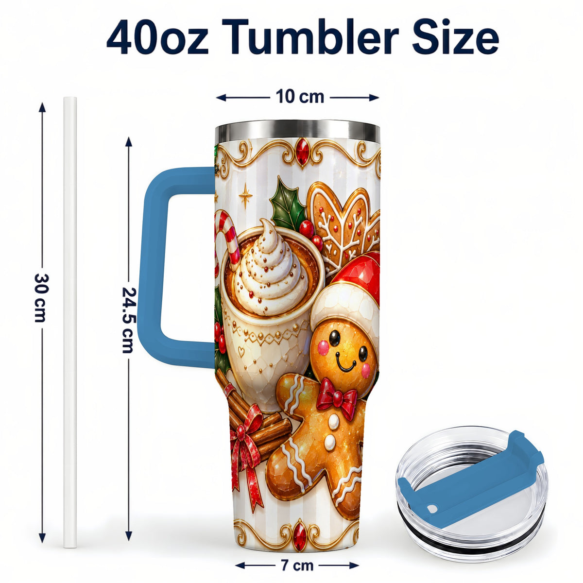 #pl[40oz|Blue] Gingerbread Cocoa 40oz Tumbler with Handle, Holiday Travel Cup