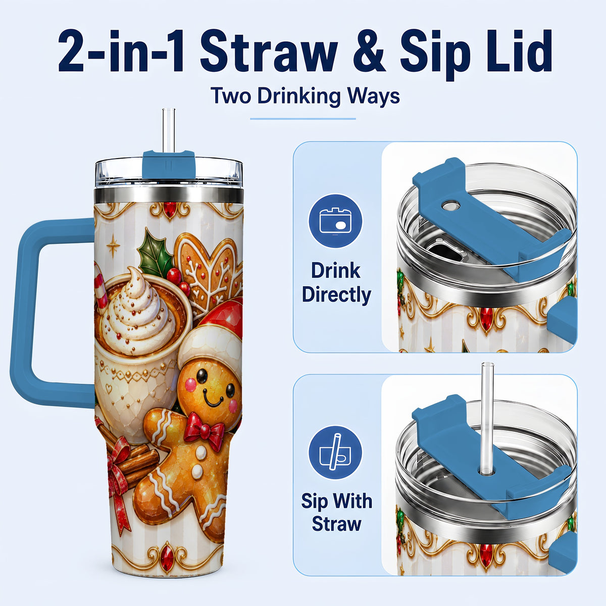 #pl[40oz|Blue] Gingerbread Cocoa 40oz Tumbler with Handle, Holiday Travel Cup
