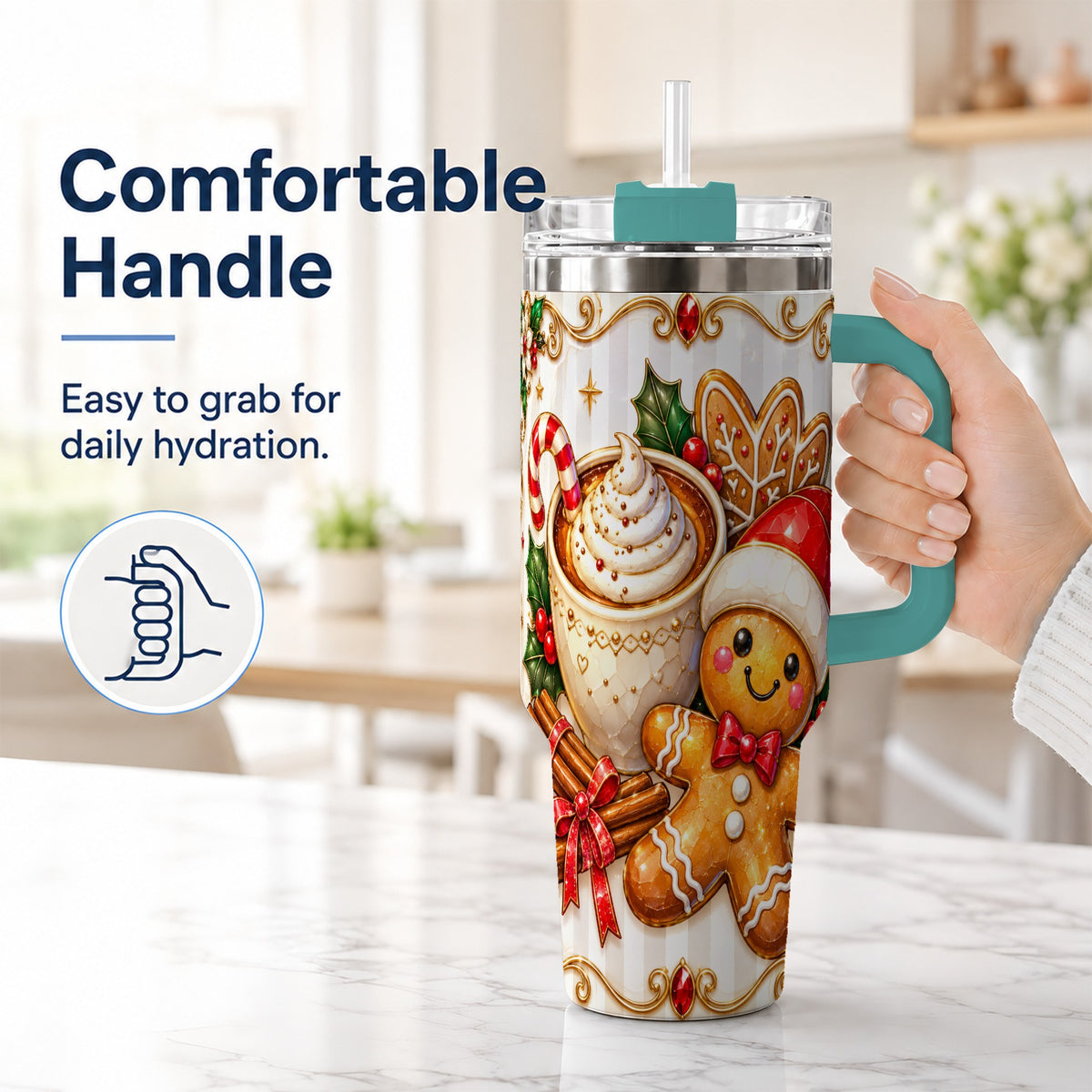 #pl[40oz|Green] Gingerbread Cocoa 40oz Tumbler with Handle, Holiday Travel Cup
