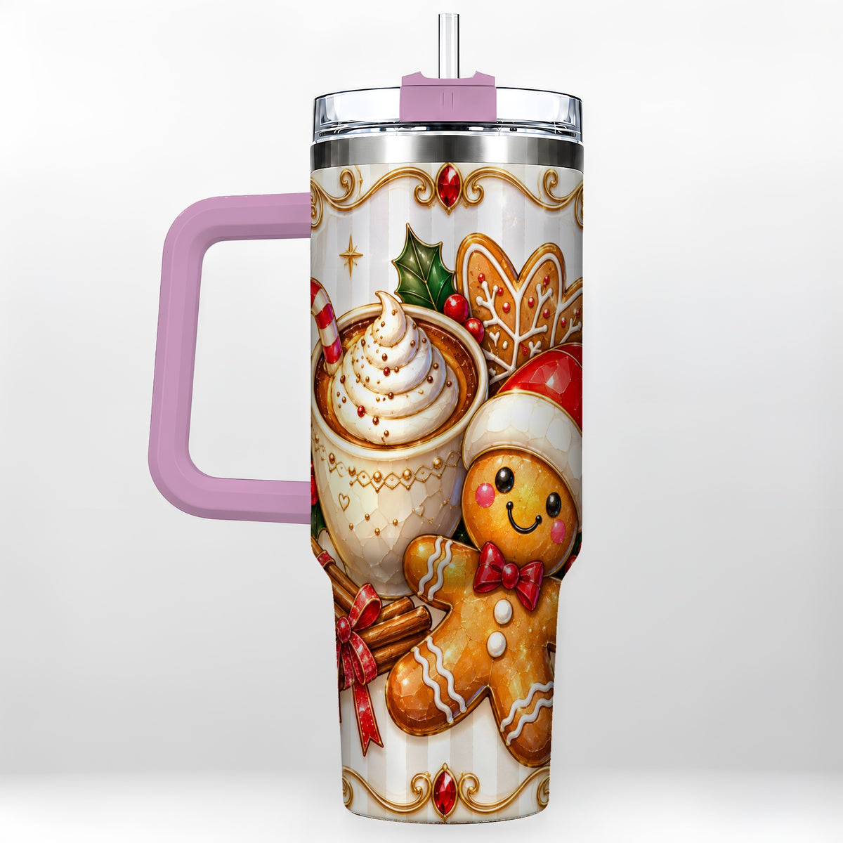 #pl[40oz|Pink] Gingerbread Cocoa 40oz Tumbler with Handle, Holiday Travel Cup
