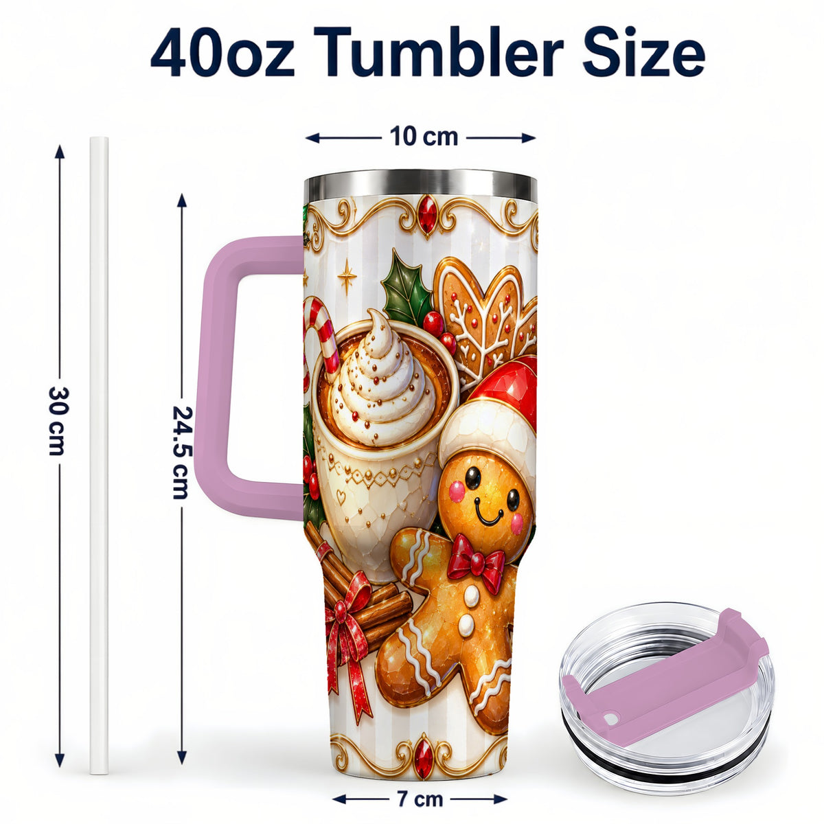 #pl[40oz|Pink] Gingerbread Cocoa 40oz Tumbler with Handle, Holiday Travel Cup