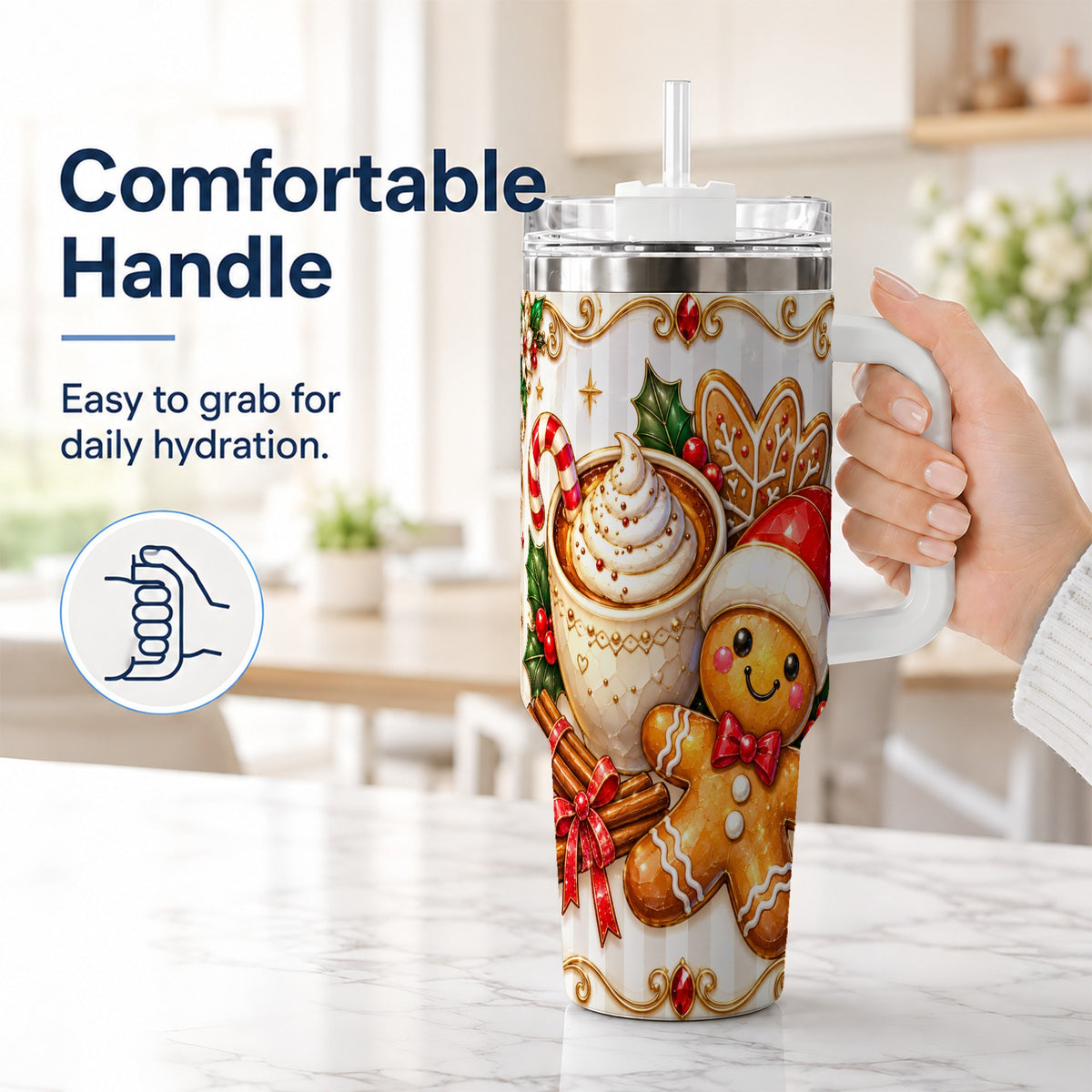 #pl[40oz|White] Gingerbread Cocoa 40oz Tumbler with Handle, Holiday Travel Cup