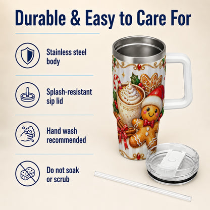 Gingerbread Cocoa 40oz Tumbler with Handle, Holiday Travel Cup
