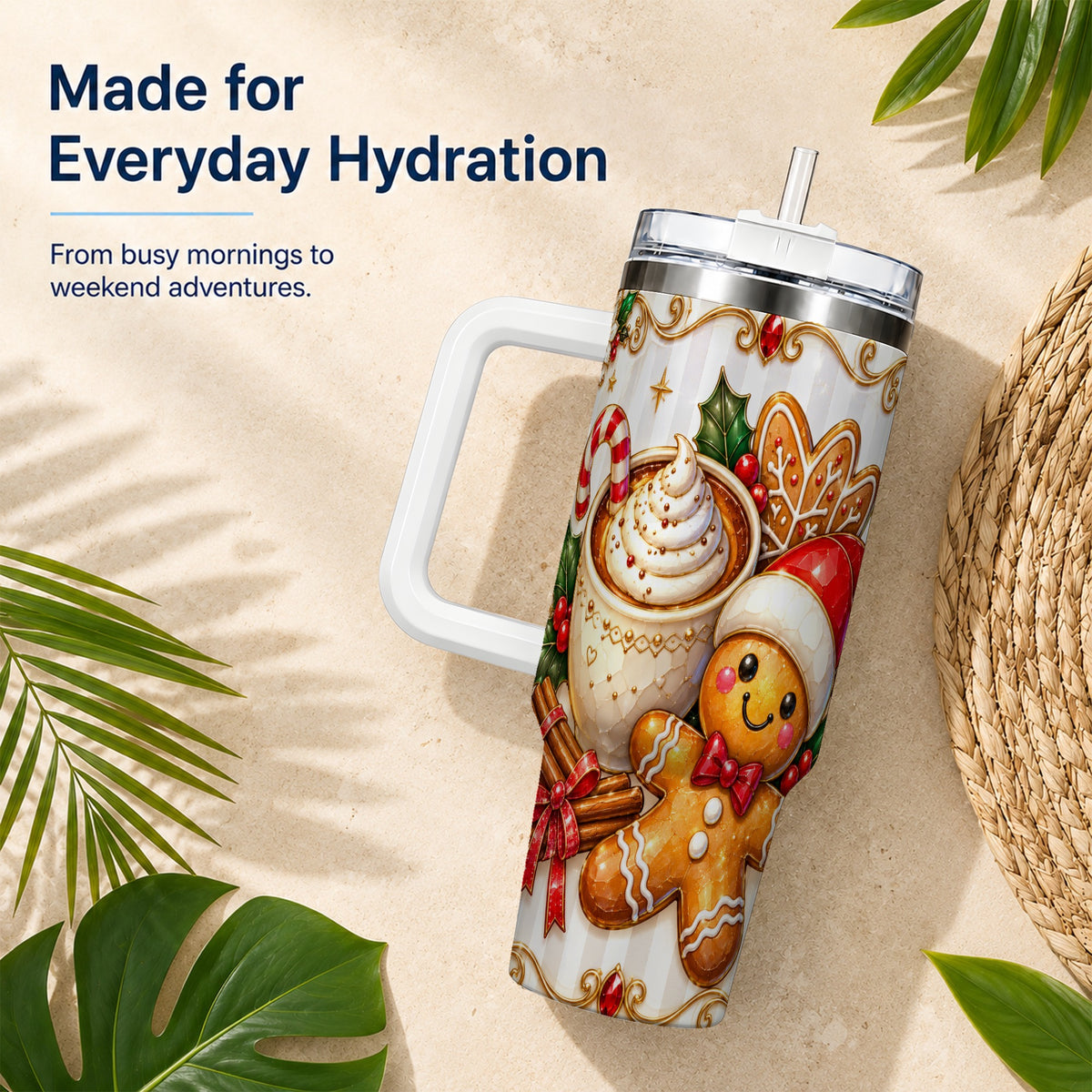Gingerbread Cocoa 40oz Tumbler with Handle, Holiday Travel Cup