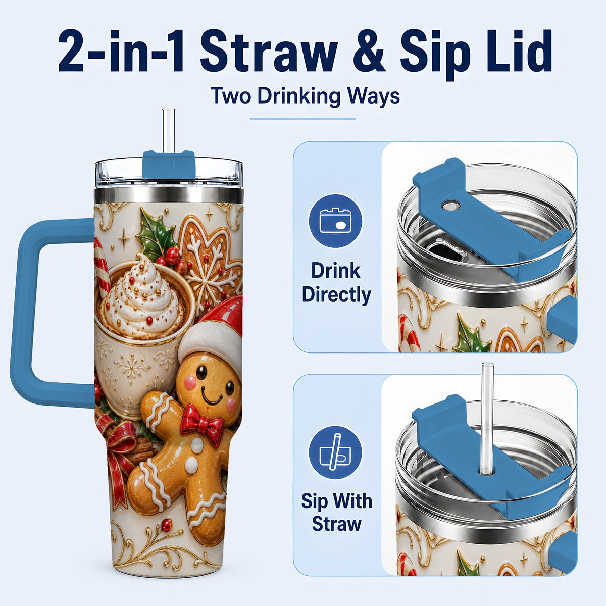 #pl[40oz|Blue] Gingerbread Cocoa 40oz Tumbler with Handle, Christmas Travel Cup