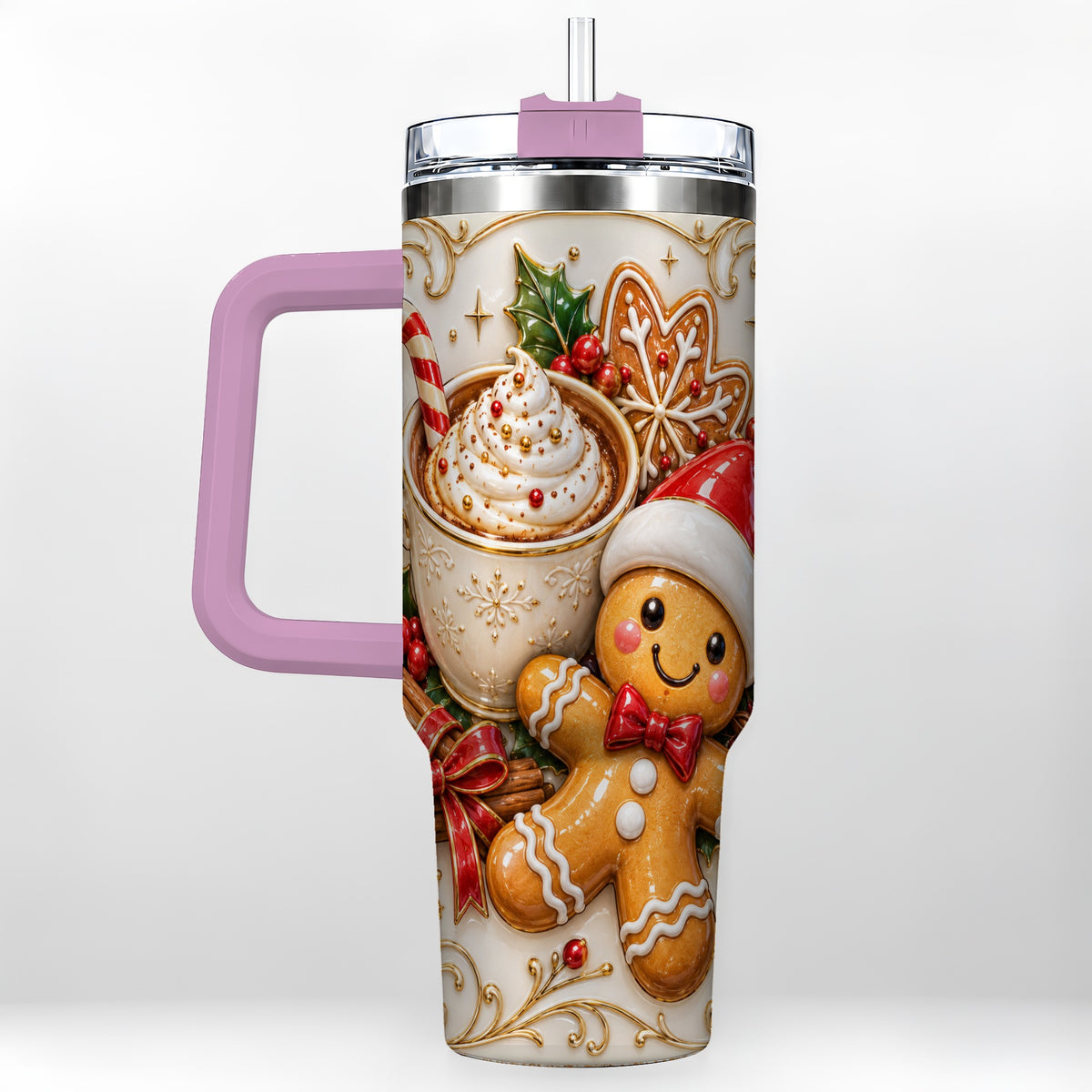 #pl[40oz|Pink] Gingerbread Cocoa 40oz Tumbler with Handle, Christmas Travel Cup