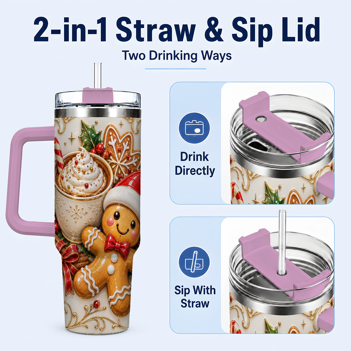 #pl[40oz|Pink] Gingerbread Cocoa 40oz Tumbler with Handle, Christmas Travel Cup