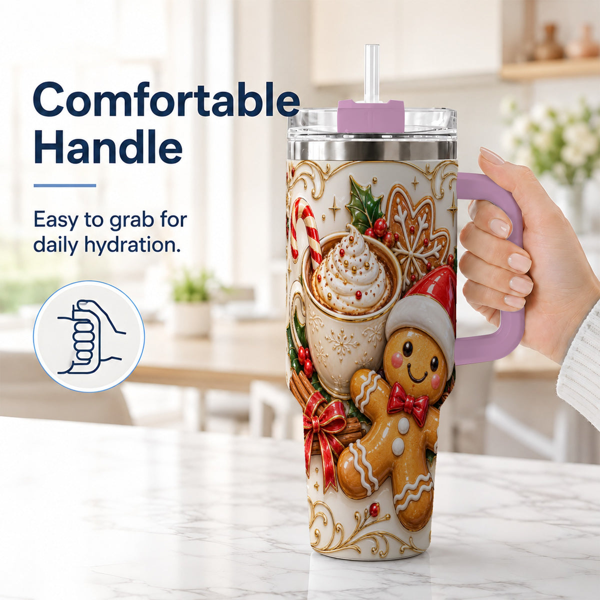 #pl[40oz|Pink] Gingerbread Cocoa 40oz Tumbler with Handle, Christmas Travel Cup
