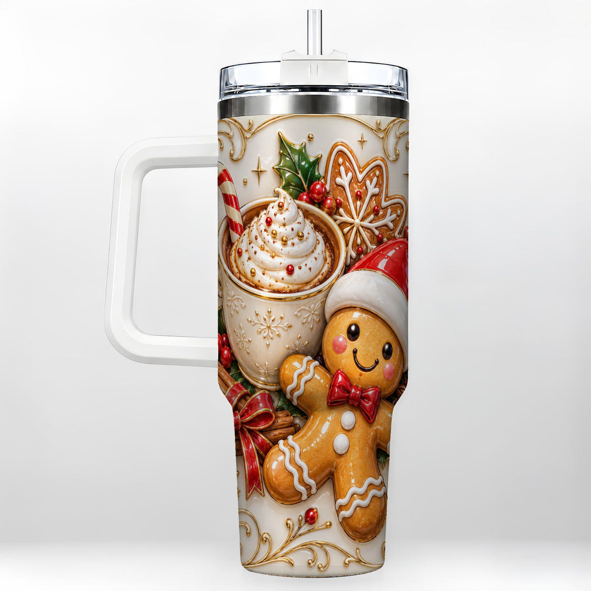 Gingerbread Cocoa 40oz Tumbler with Handle, Christmas Travel Cup