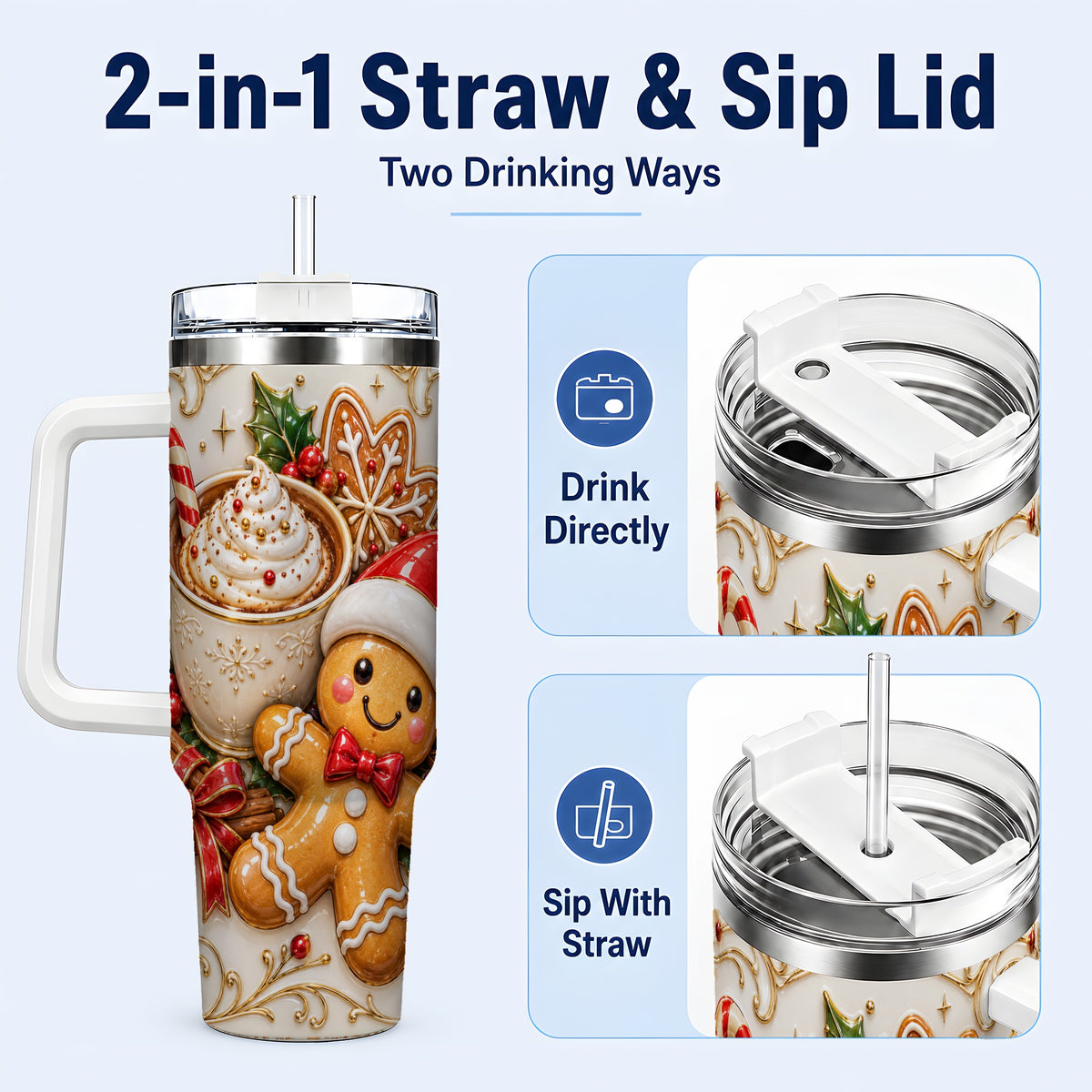 #pl[40oz|White] Gingerbread Cocoa 40oz Tumbler with Handle, Christmas Travel Cup
