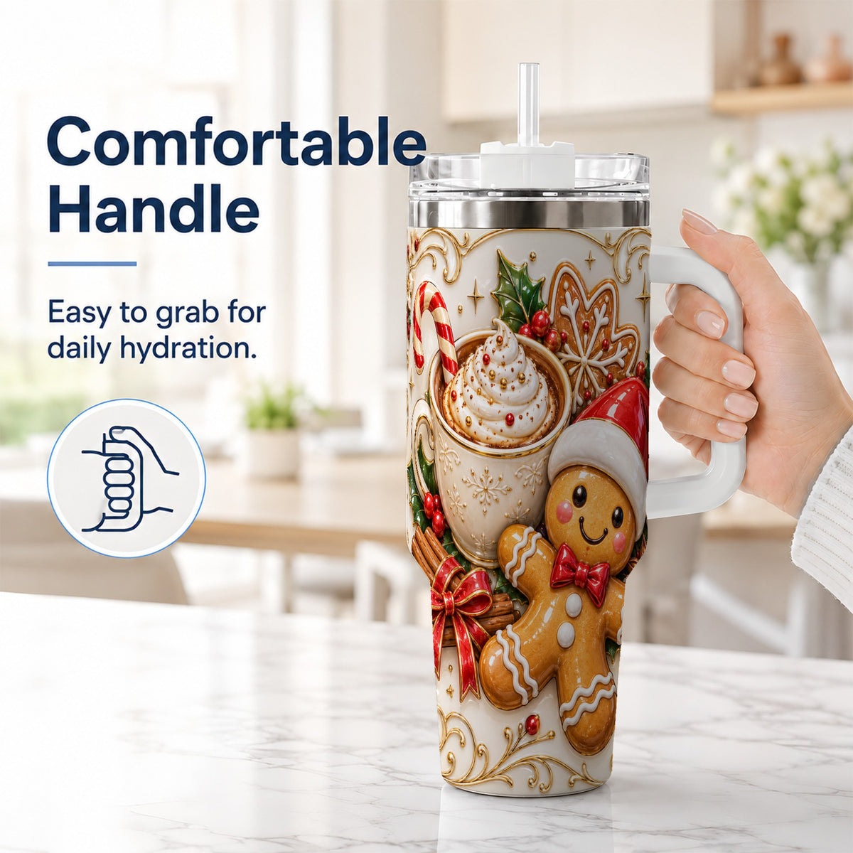 #pl[40oz|White] Gingerbread Cocoa 40oz Tumbler with Handle, Christmas Travel Cup
