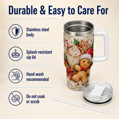 Gingerbread Cocoa 40oz Tumbler with Handle, Christmas Travel Cup